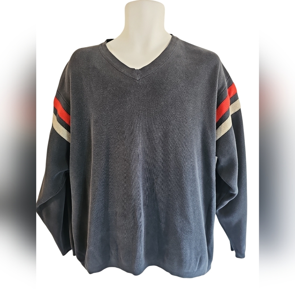 Structure Mens XL Navy V-Neck Sweater Red Gold Stripe Retro 90s Grunge Preppy - Picture 2 of 7